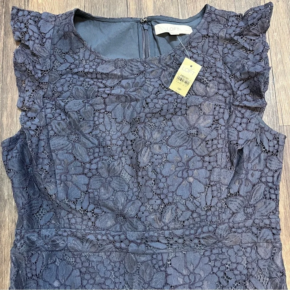 NWT Loft Navy Blue Floral Lace Ruffle Mini Flutter Sleeve Cocktail Dress 10P - Picture 7 of 15